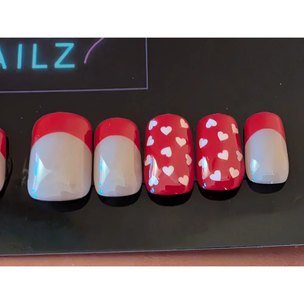 Press On Nails French Tip with Red Hearts, Hand Panted Gel, Valentine's Day